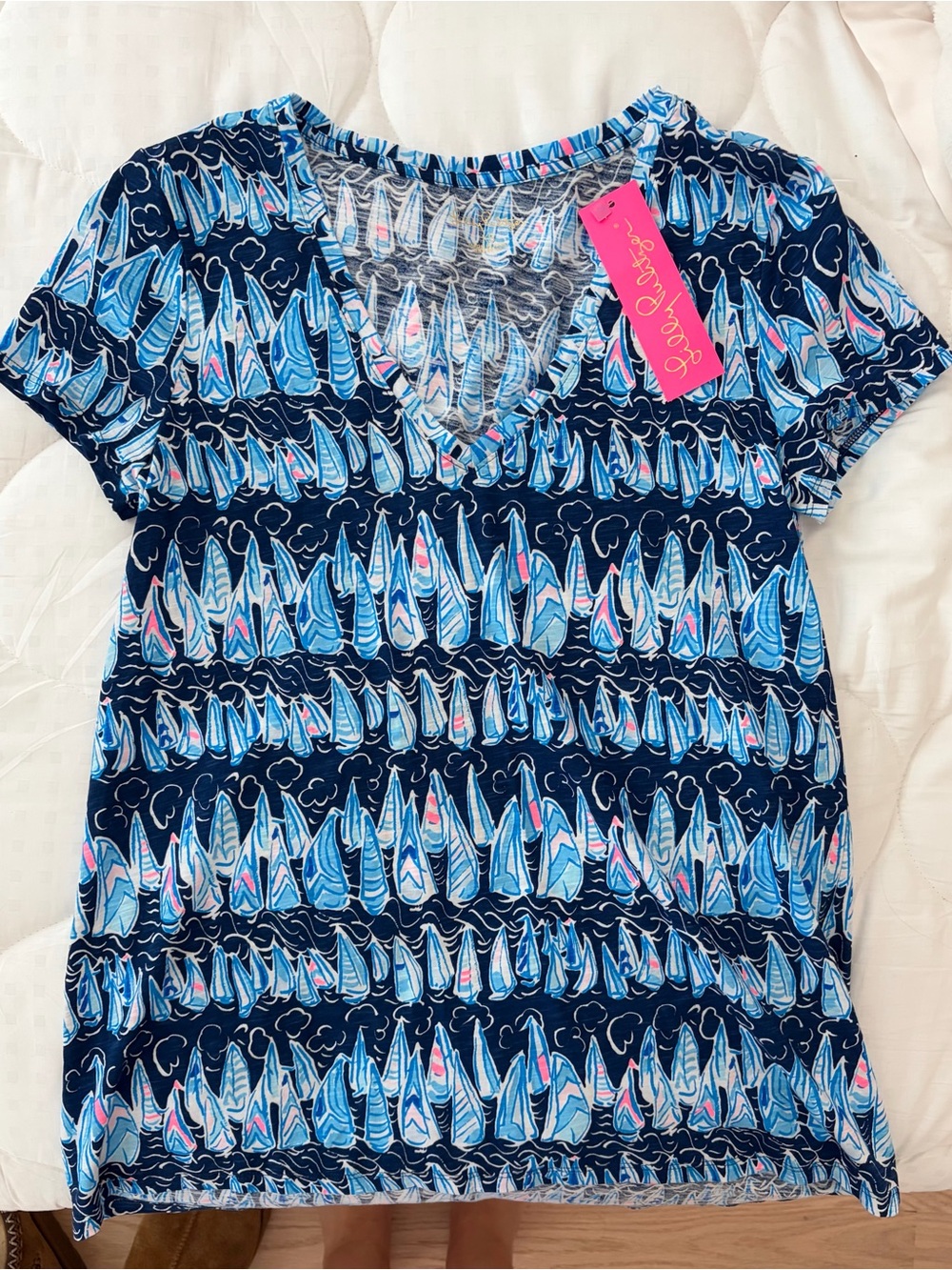 Lilly Pulitzer Navy Sailboat-Pattern V-Neck Tee with Pink Accents